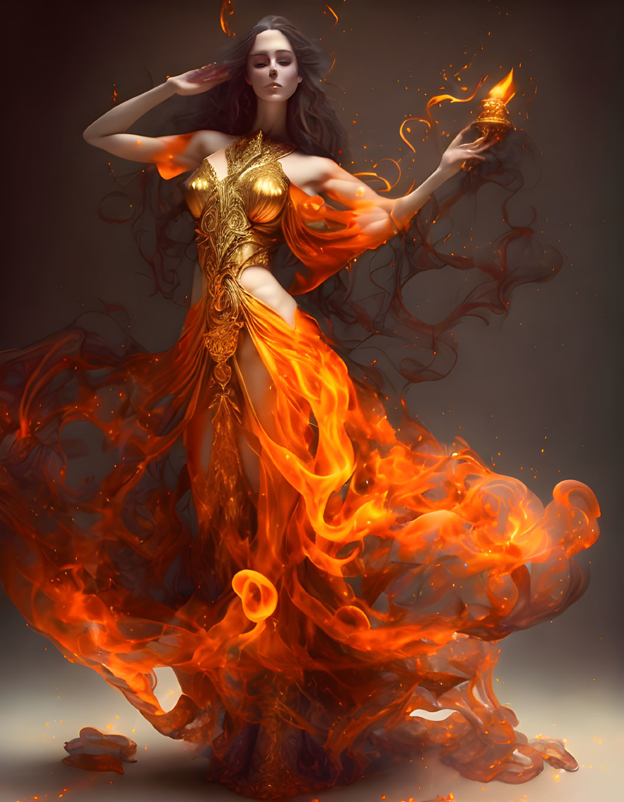 Woman in fiery dress with golden armor holding flaming lamp in powerful pose