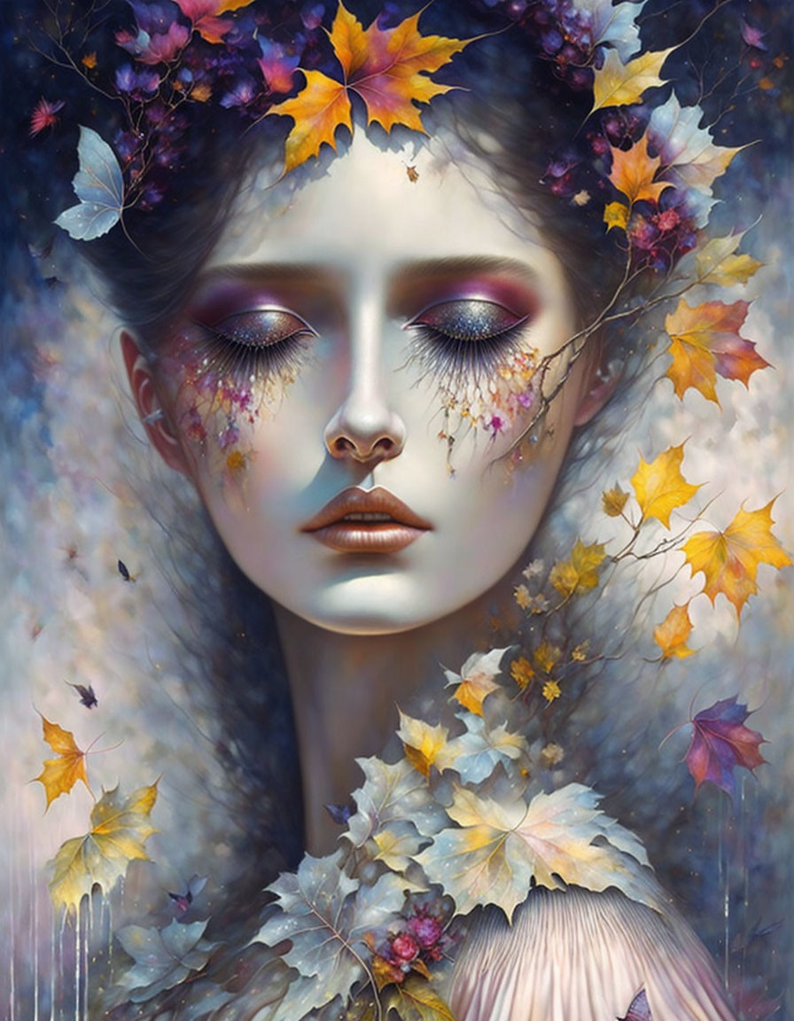 Surreal portrait of woman with autumn leaves and flowers in dreamy setting