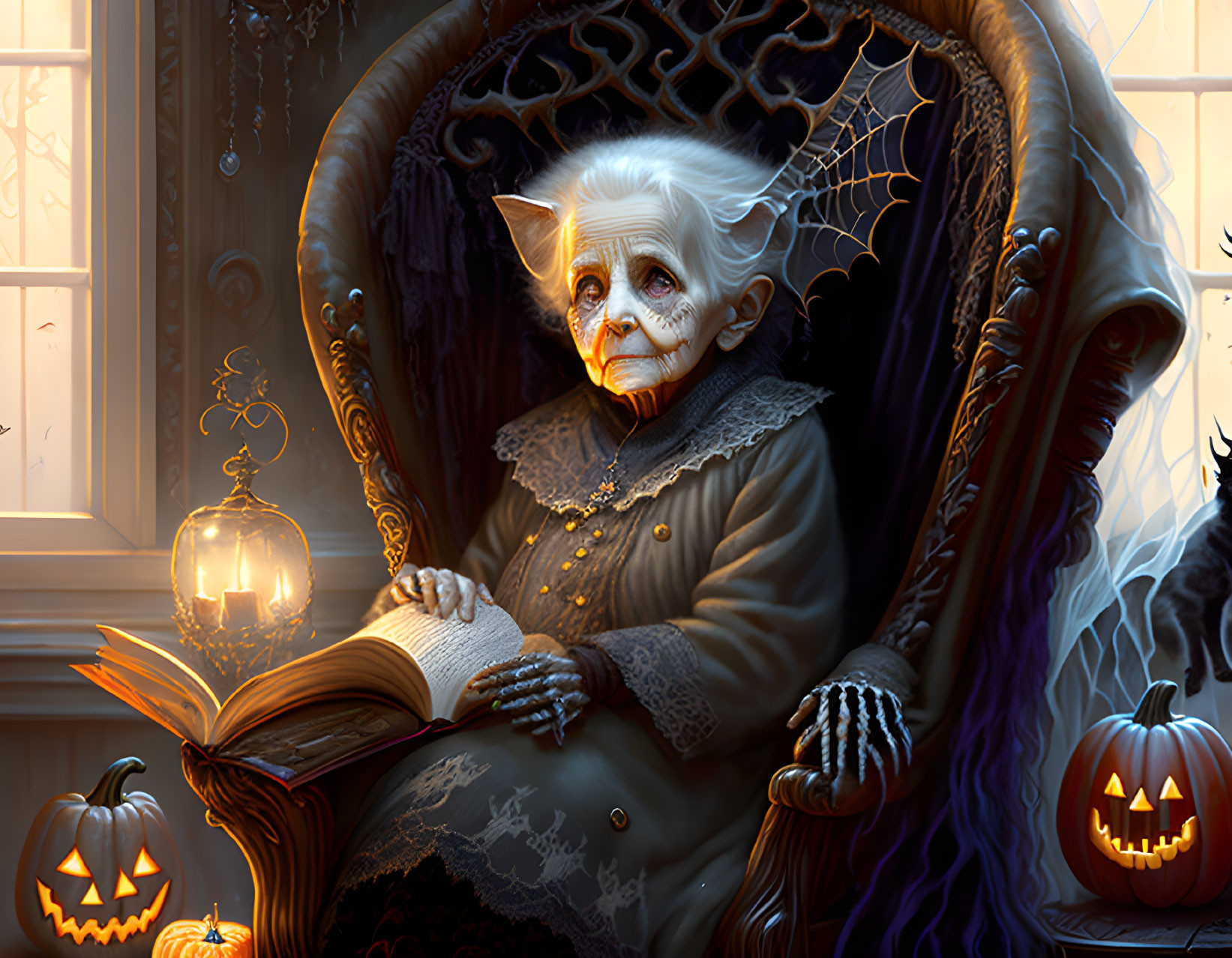 Elderly woman with pointed ears reading book in Halloween-themed setting