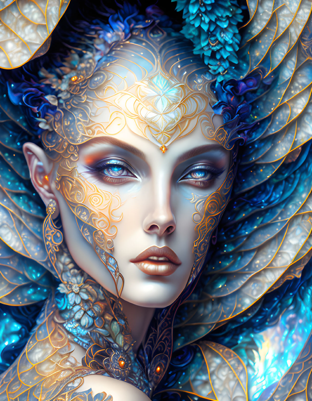 Elaborate gold and blue headpiece on woman with captivating gaze