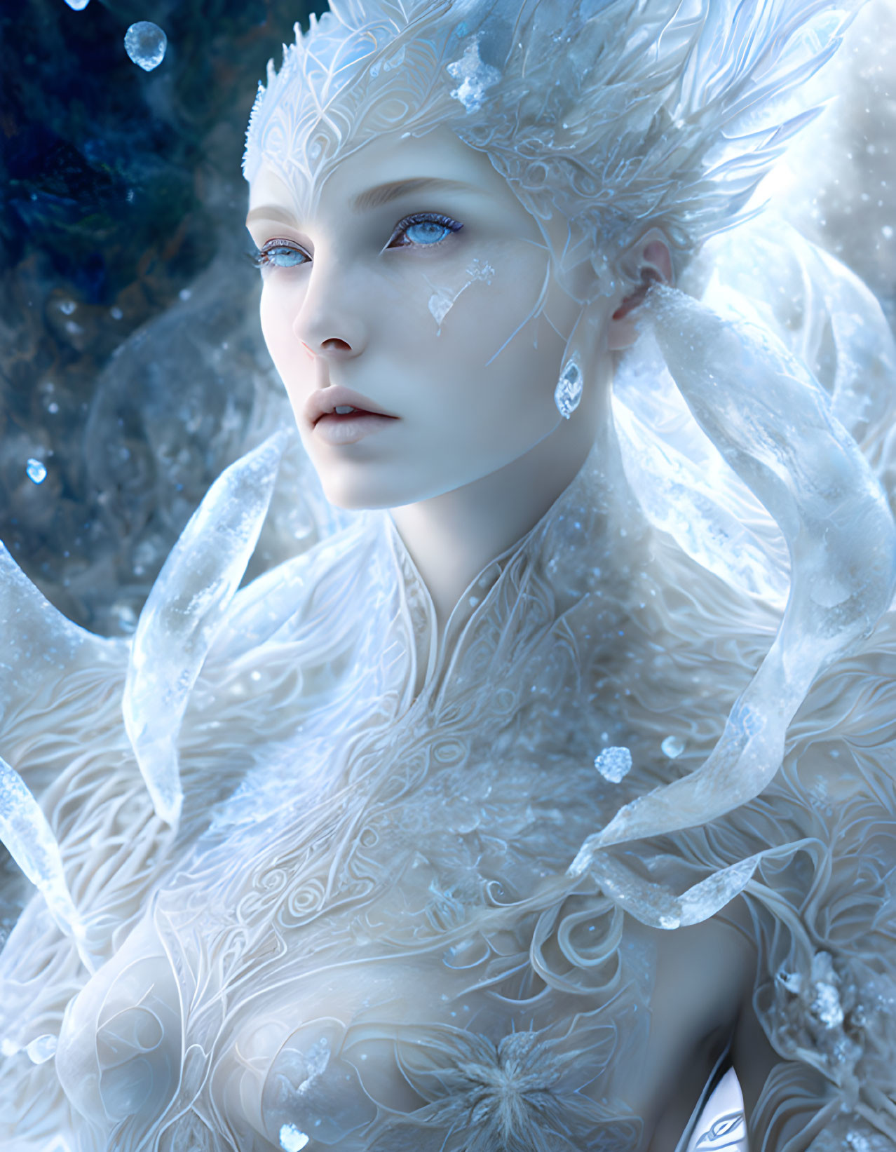 Ethereal being with pale skin, icy blue eyes, crystal adornments, and snowflake-pattern