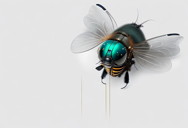 Hyper-realistic digital art of a mechanical bee on white background