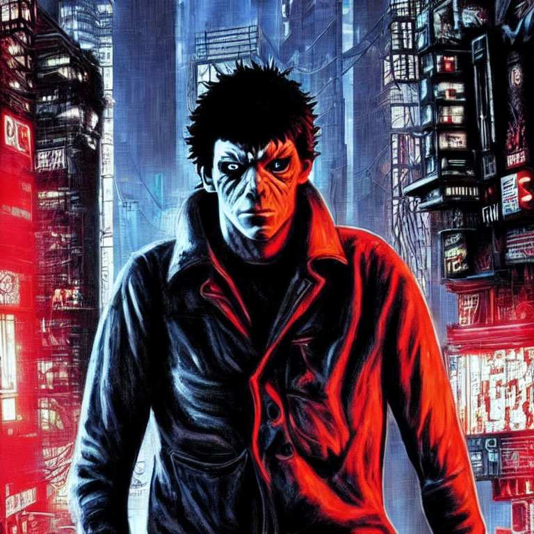 Intense gaze character in black jacket and red shirt against neon cityscape