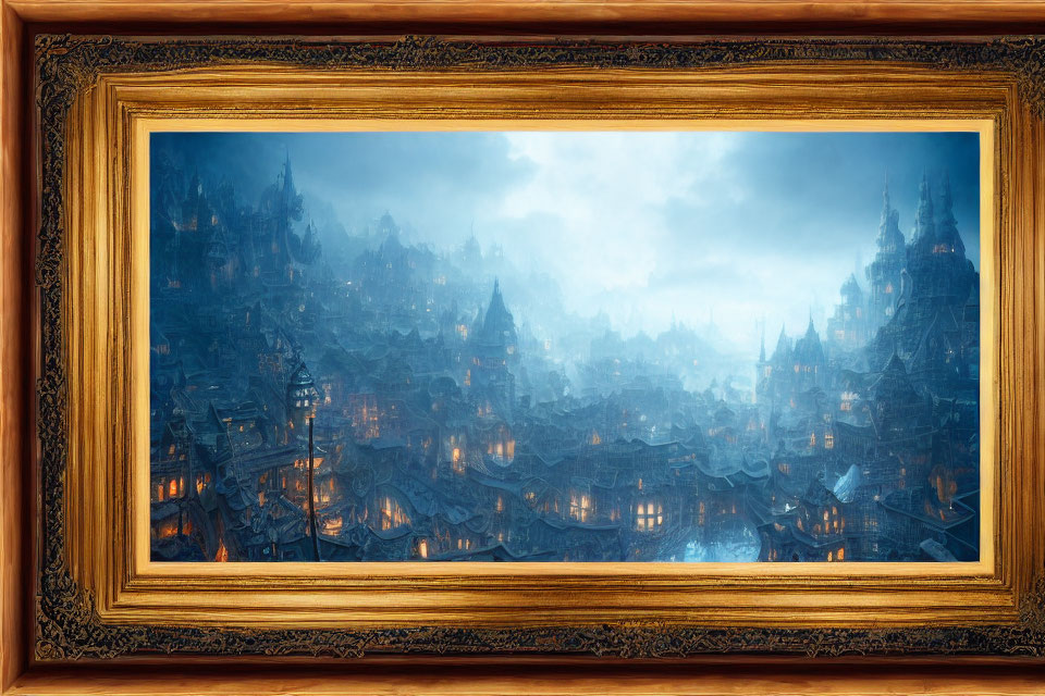 Fantastical Medieval Cityscape Digital Painting in Ornate Wooden Frame