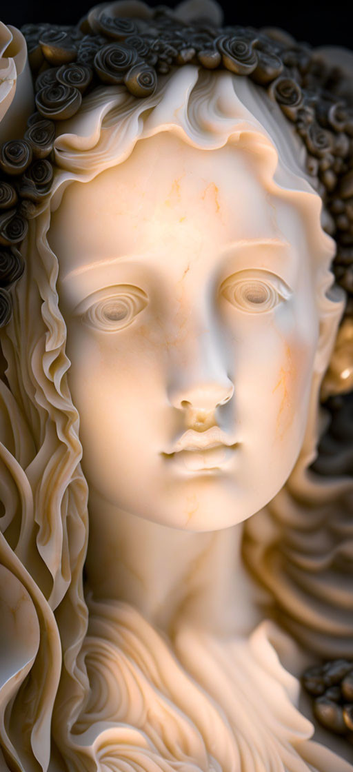 Detailed close-up of expressive female face in white marble sculpture