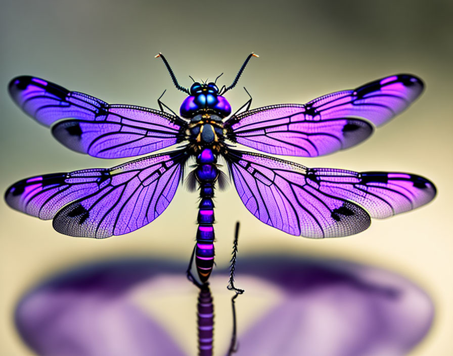 Colorful Dragonfly Art with Iridescent Purple Wings on Stalk