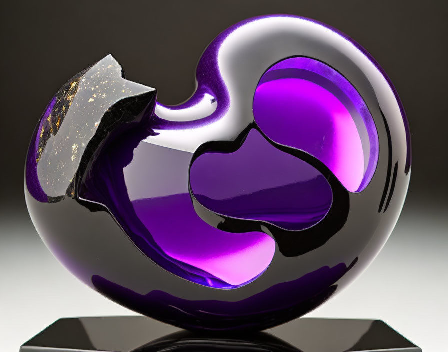 Purple Glass Sculpture with Abstract Curvilinear Shapes and Gold Leaf Accent on Black Stand