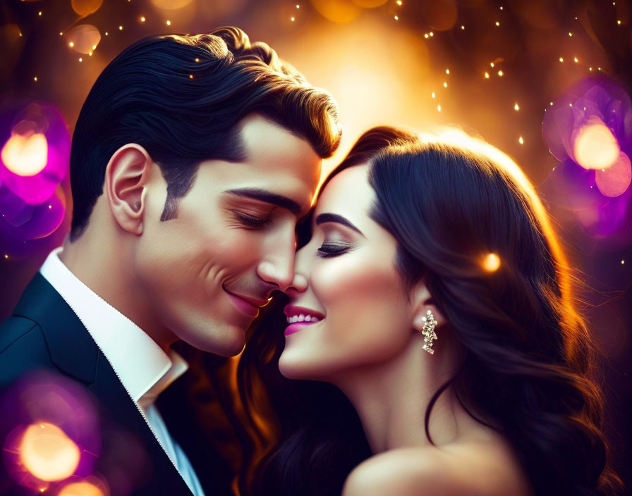 Romantic couple in suit and earrings about to kiss in front of glowing lights