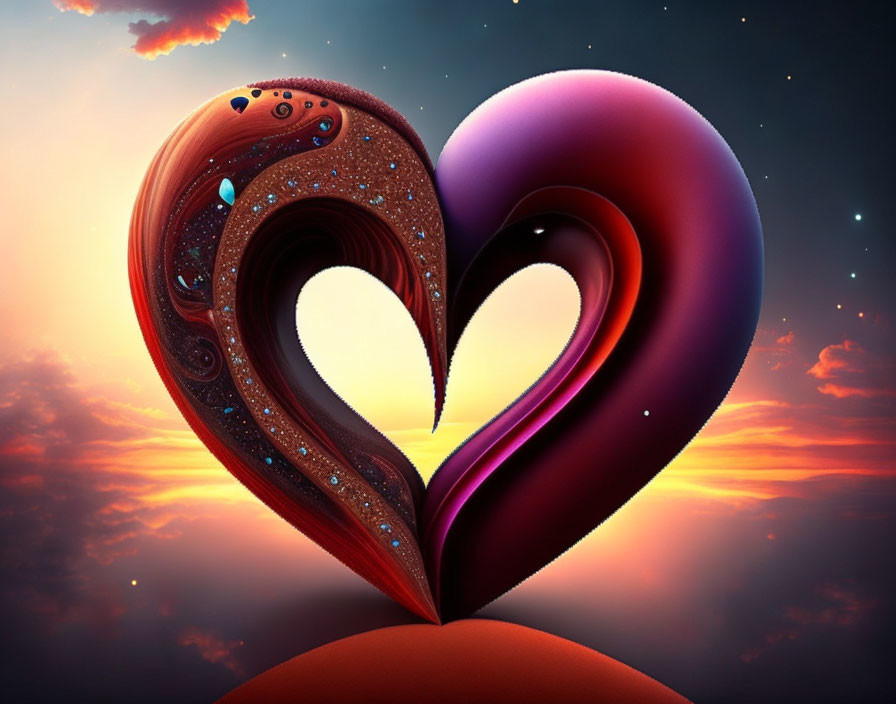 Stylized heart shape with cosmic texture and gradient against sunset sky