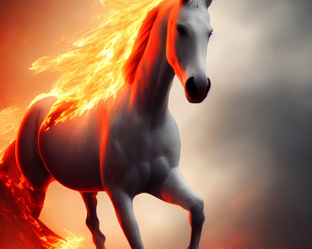 White horse with fiery mane against red and grey sky