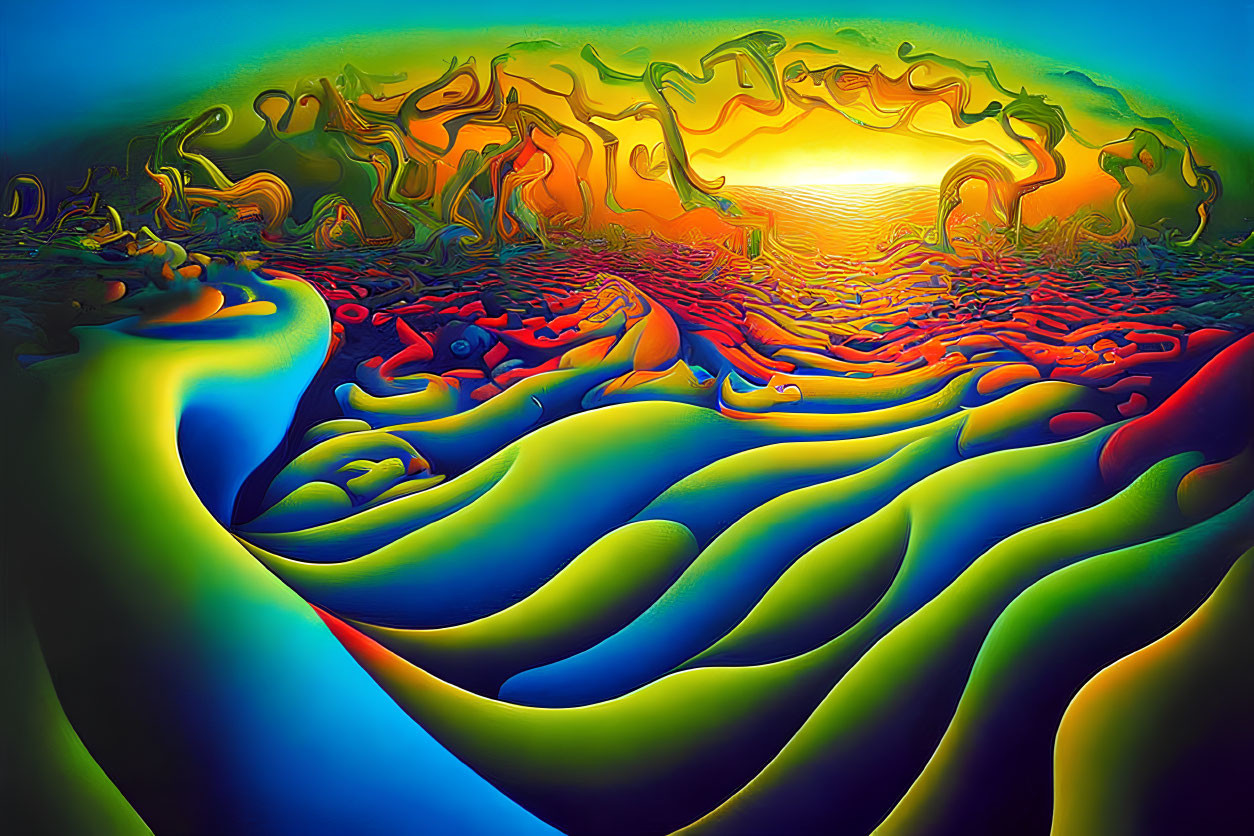 Vivid surreal landscape with undulating forms and color gradient from blue to green to fiery red and orange