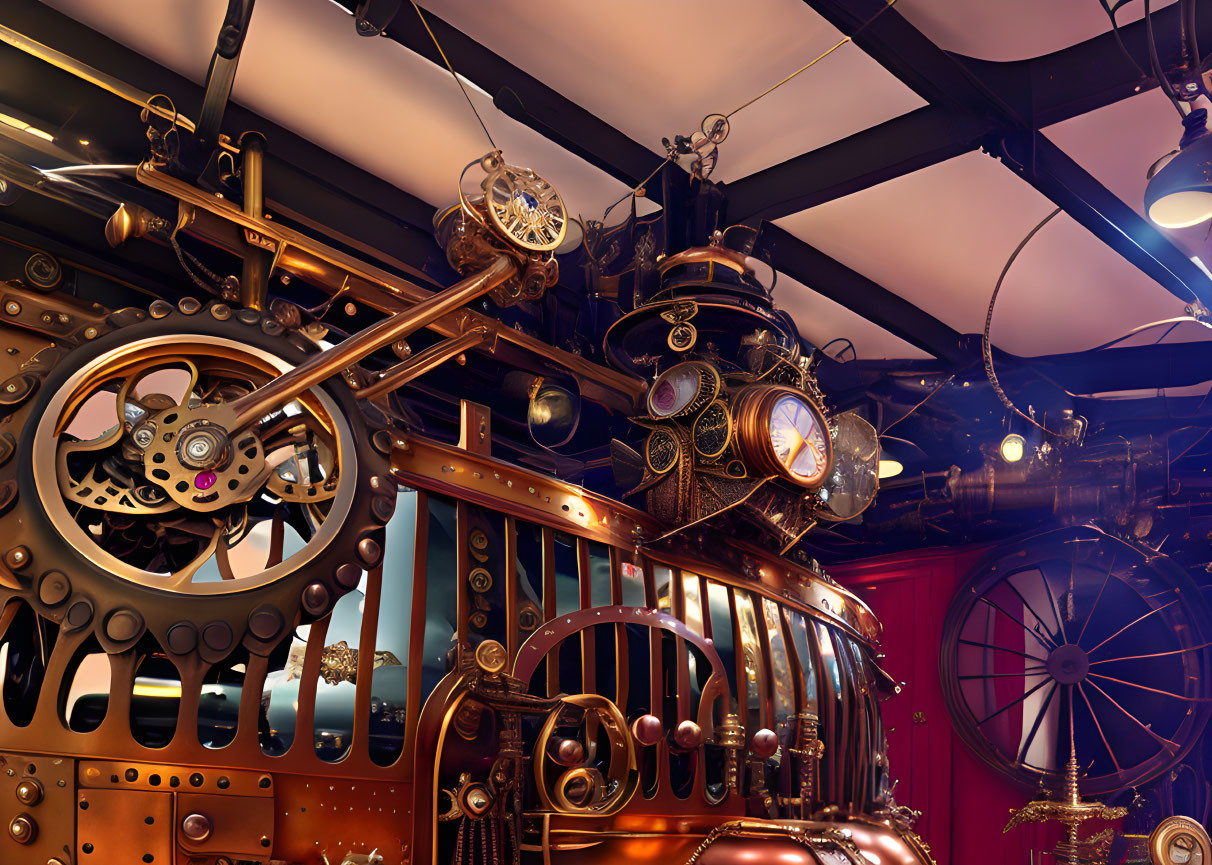 Steampunk-themed Interior with Copper Pipes and Mechanical Gears