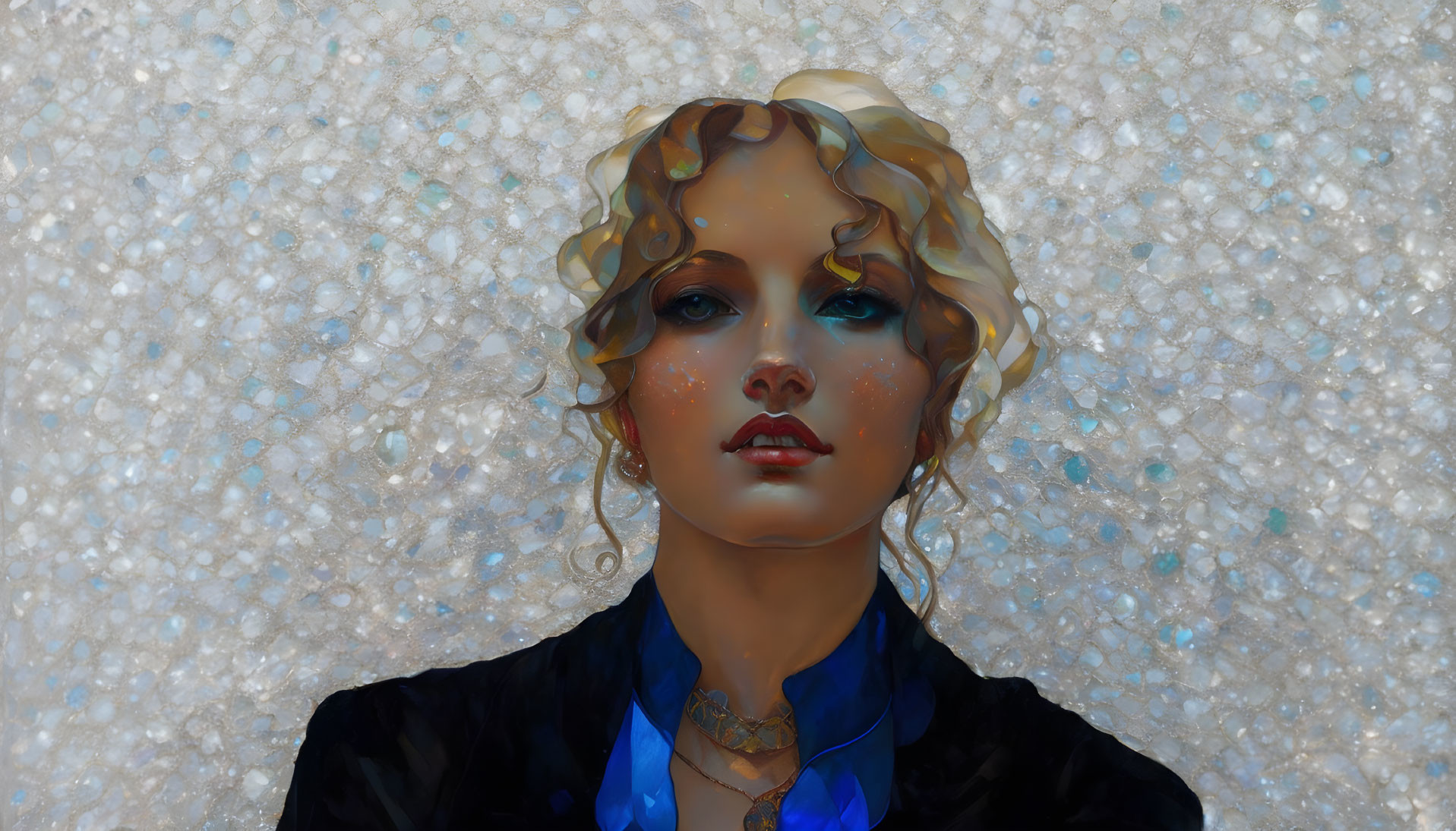 Blonde woman with blue eyes in digital artwork