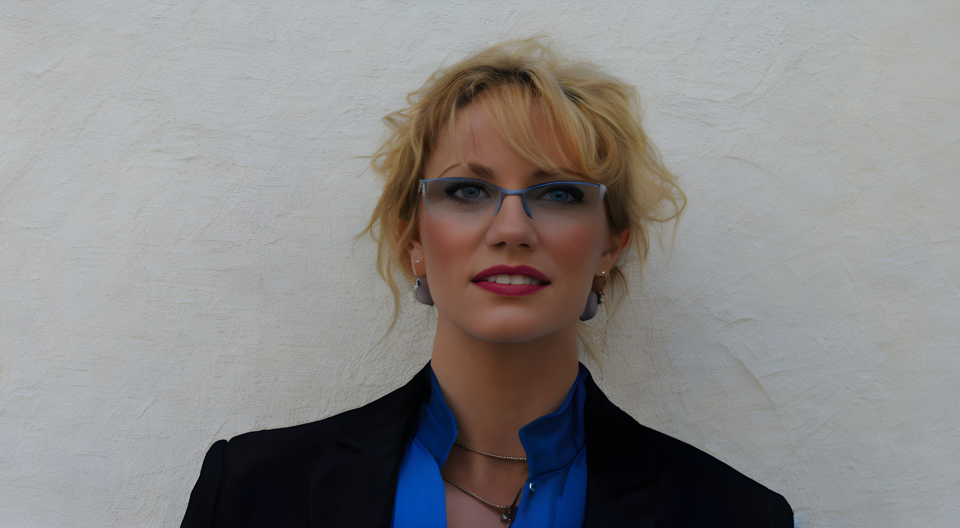 Blond-Haired Woman in Blue Blouse and Black Blazer Smiling