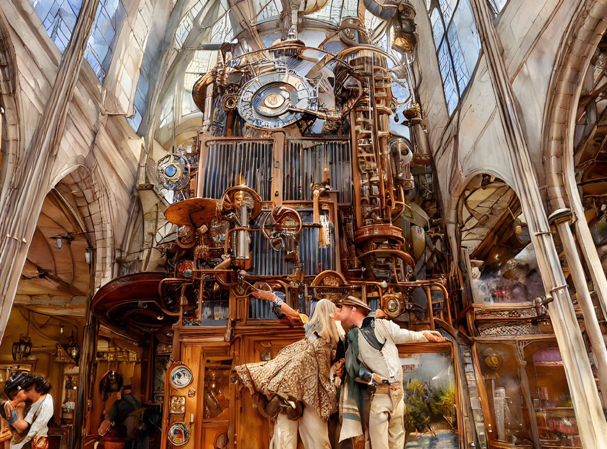 Steampunk-themed interior with people in adventure attire exploring mechanical contraptions