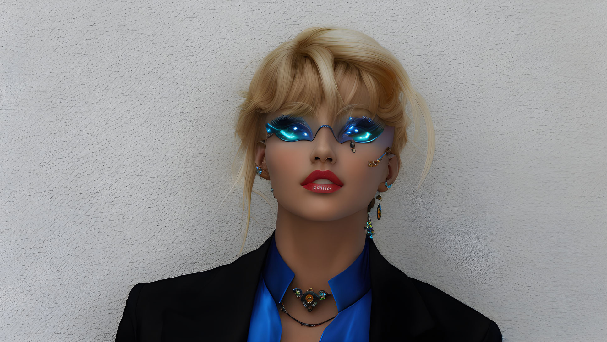 Blonde-haired mannequin head with digital eyewear, earrings, and necklace in black blazer