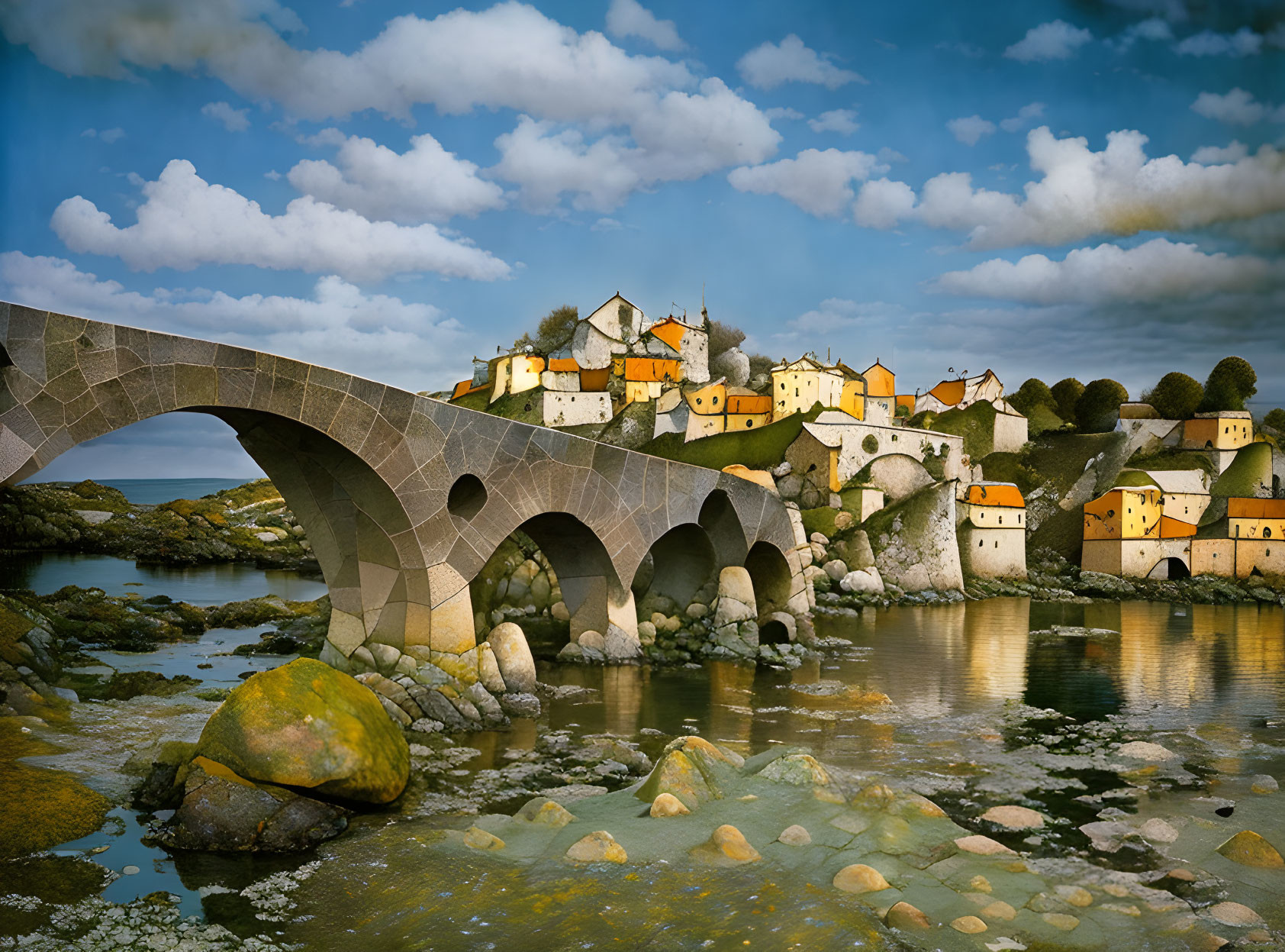 Stone bridge over water in whimsical landscape village under blue sky