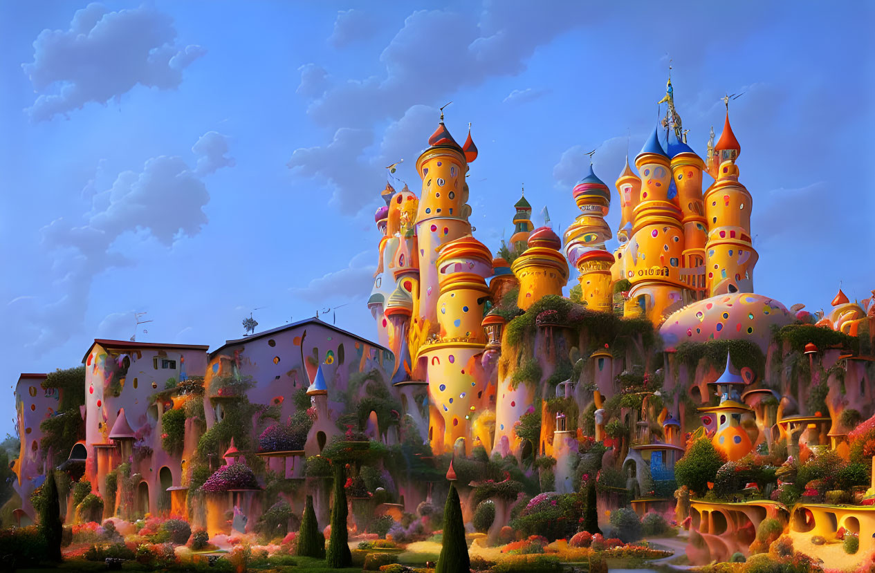 Fantasy illustration of orange-pink castle at dusk