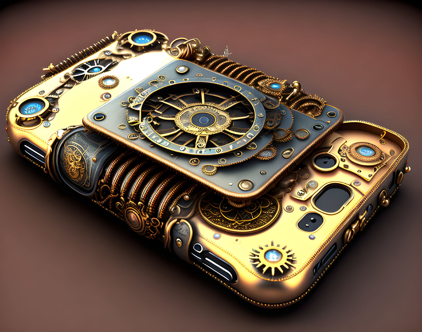 Steampunk-inspired smartphone with intricate metallic gears and rotary dial