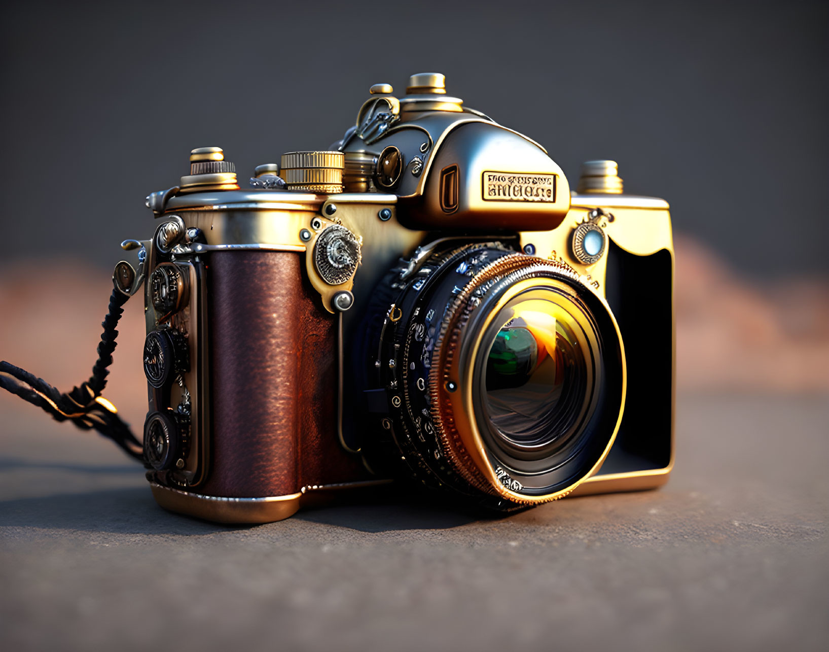 Vintage-Inspired Camera with Large Lens, Brass Details, and Leather Grip