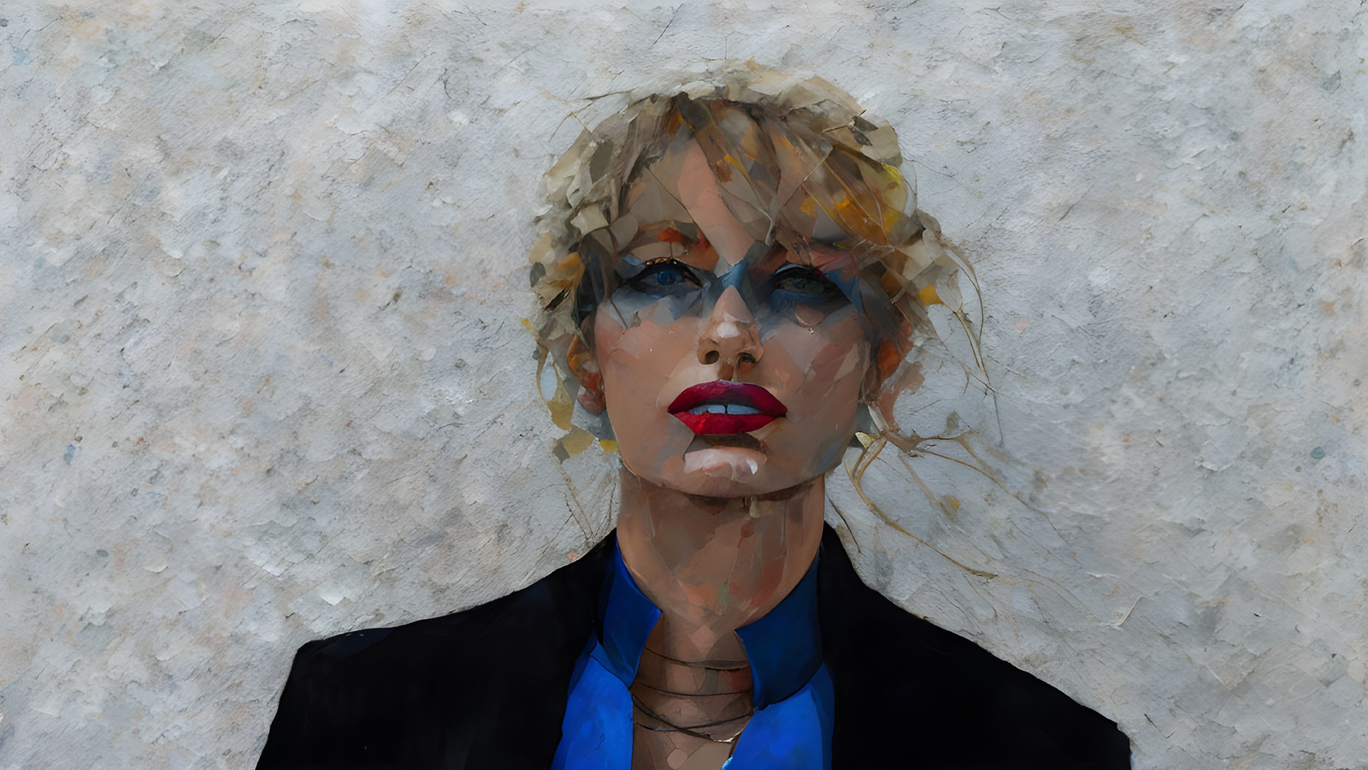 Digital art portrait of woman with blue eyes, red lips, blonde hair, black jacket, blue shirt