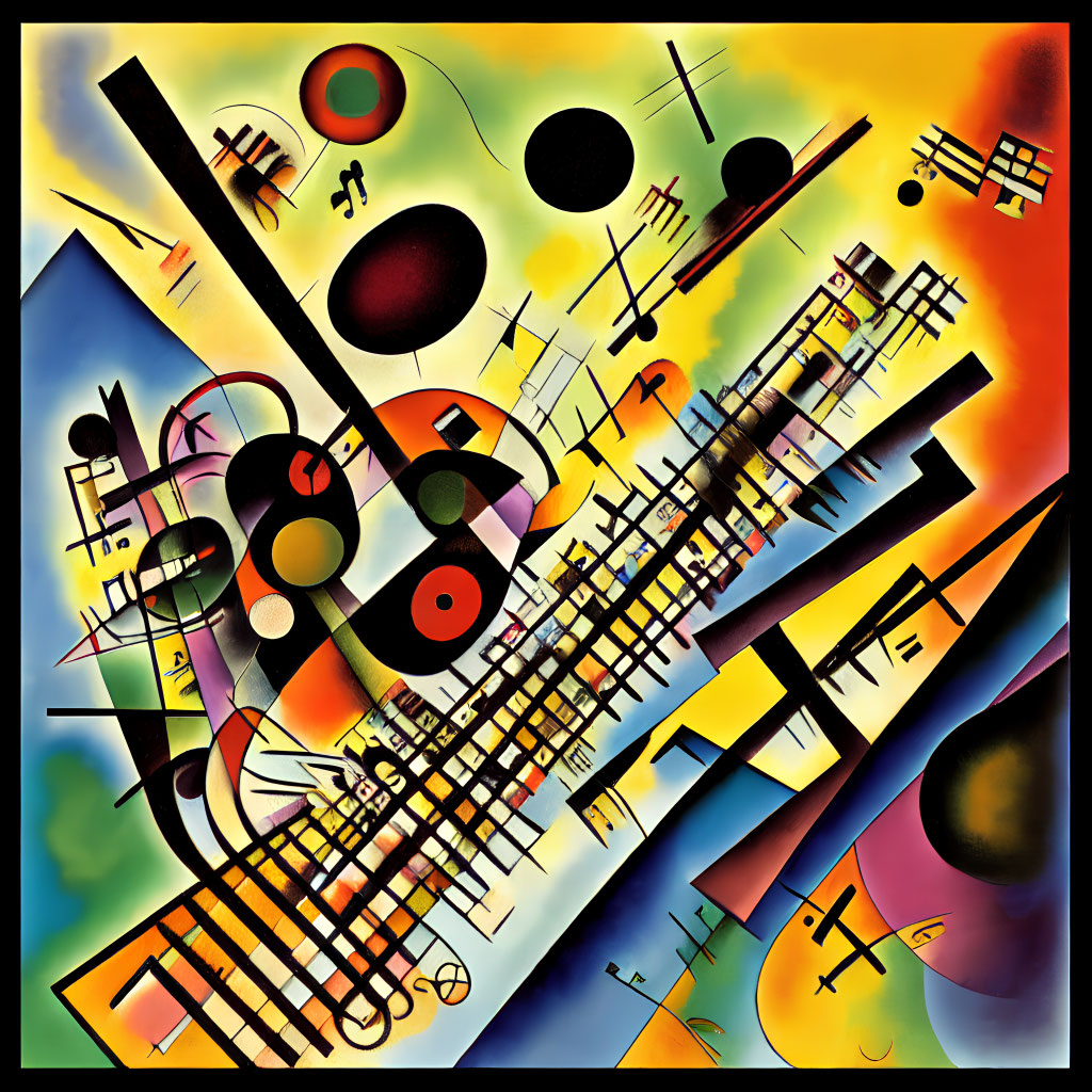 Vibrant abstract painting: geometric shapes, intersecting lines, floating orbs on tilted grid