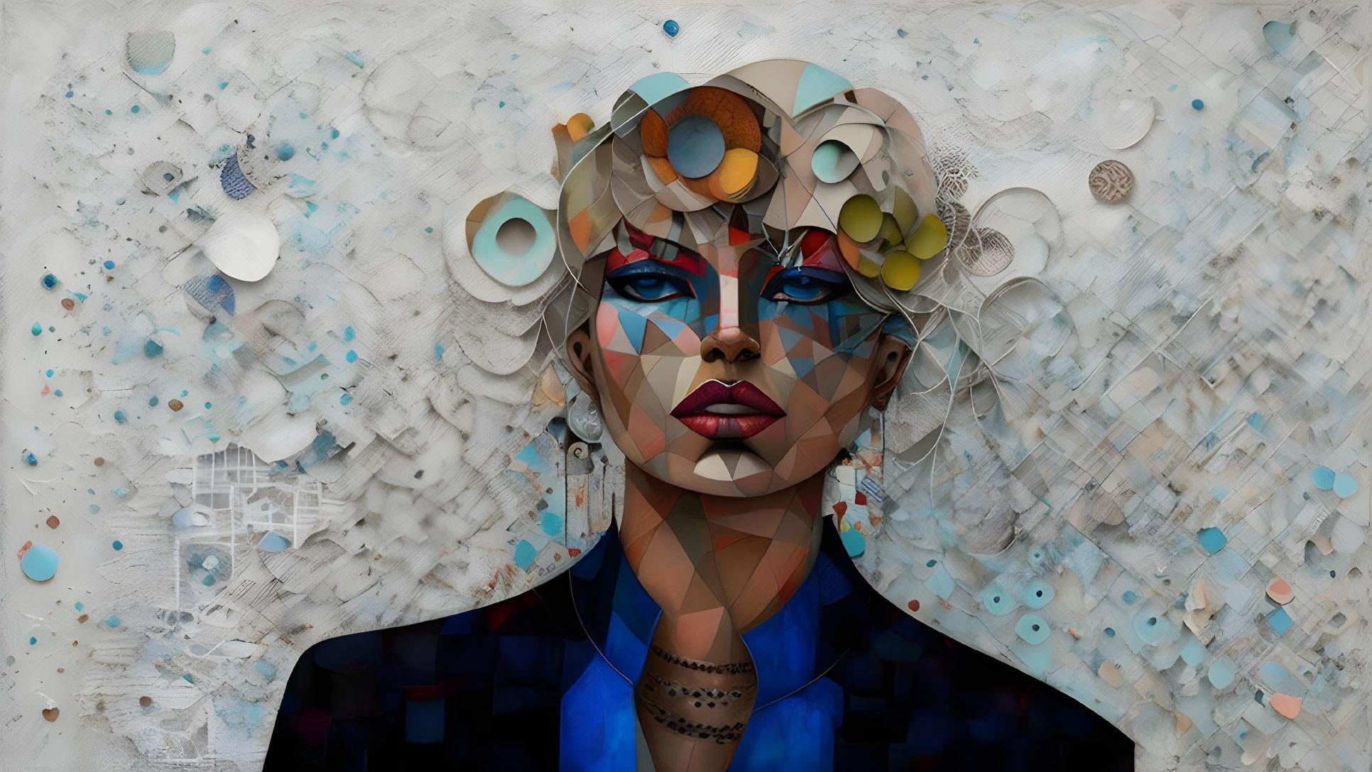 Surreal portrait of a woman with geometric patterns and colorful abstract elements