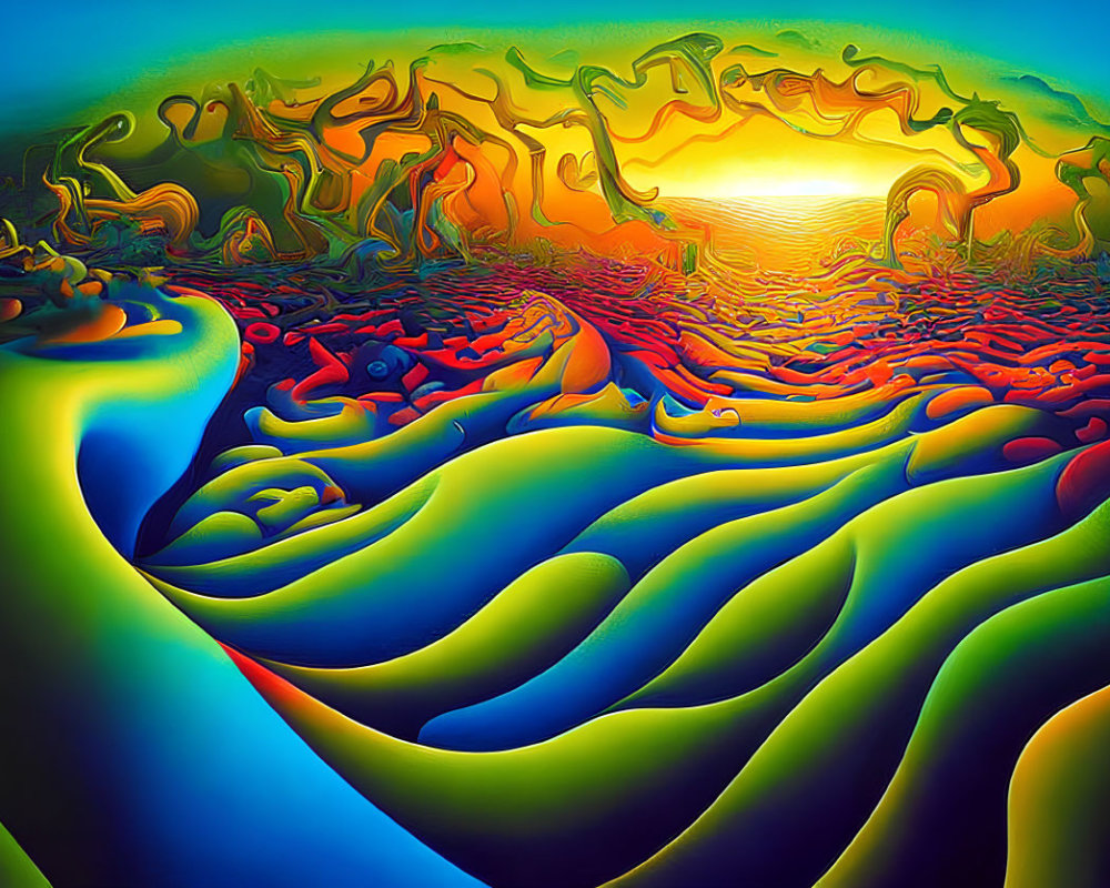 Vivid surreal landscape with undulating forms and color gradient from blue to green to fiery red and orange