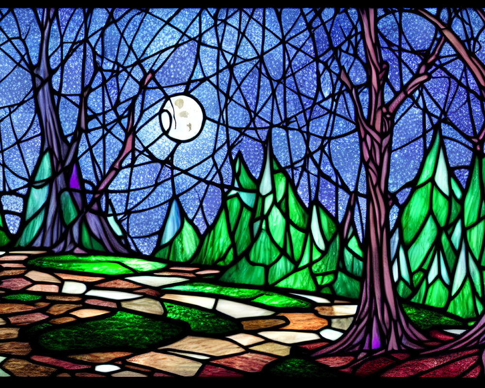 Colorful Stained Glass Artwork of Forest Night Scene