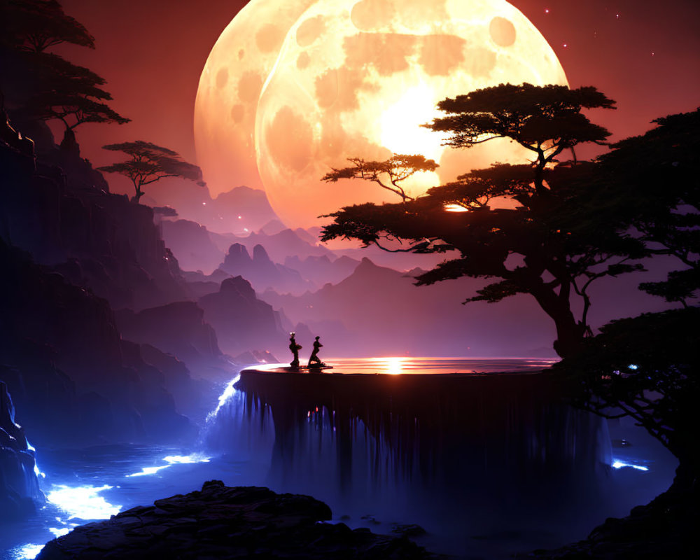 Silhouetted figures on alien planet waterfall edge with giant trees and moon