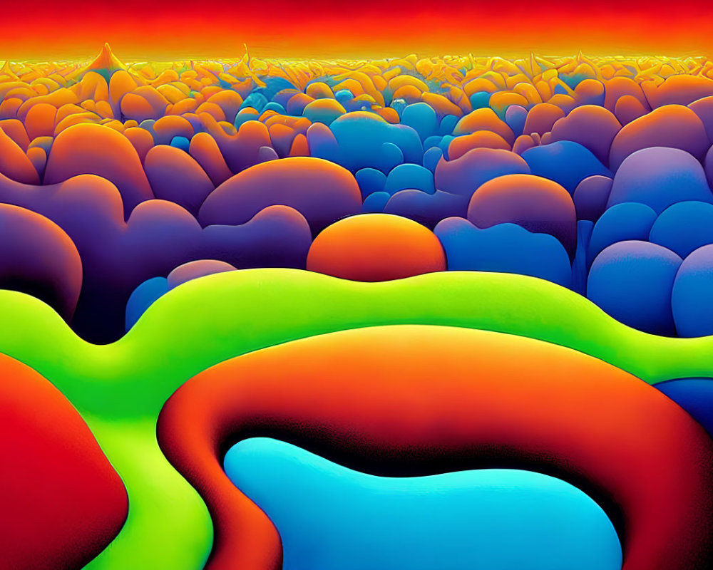 Colorful surreal landscape: multicolored hills under fiery sky