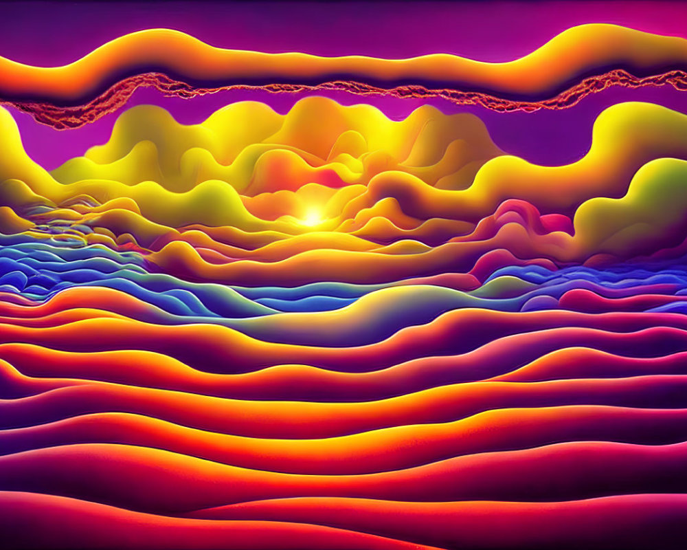 Colorful Psychedelic Landscape with Sun-like Orb and Wavy Patterns