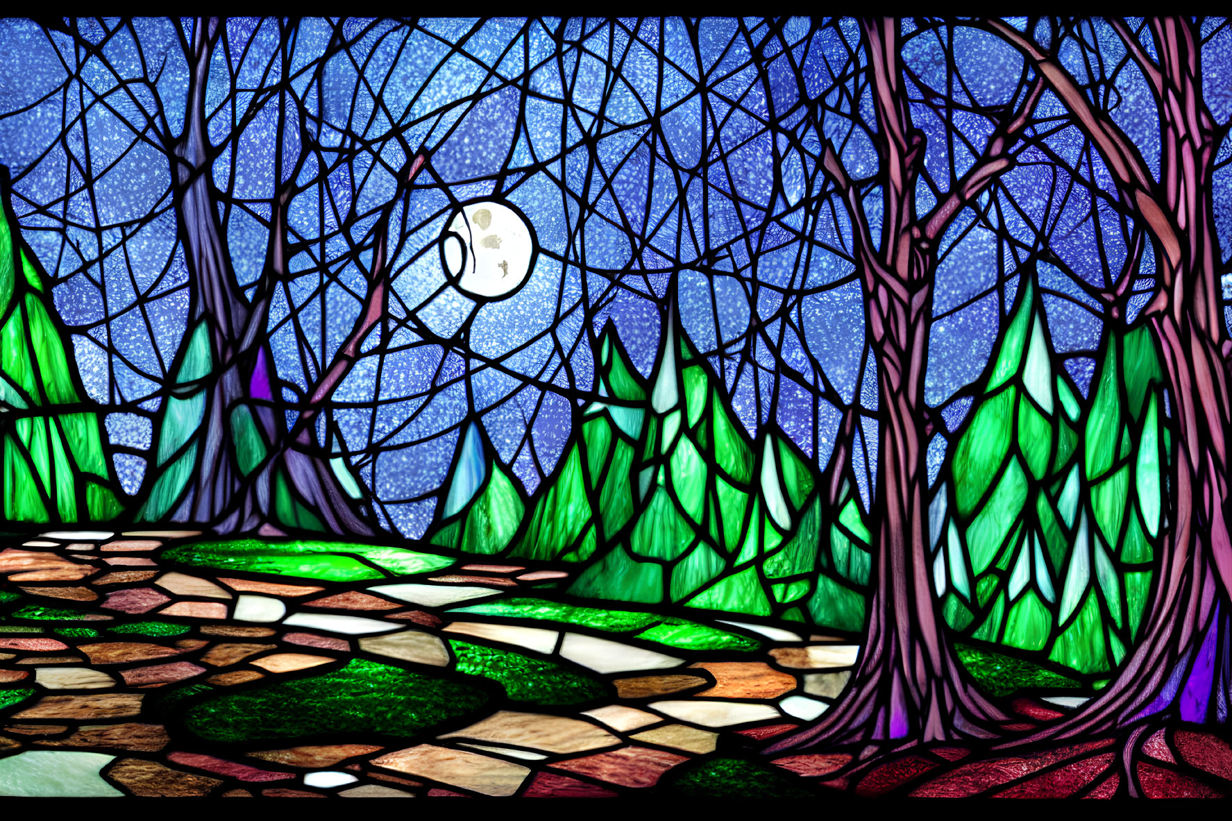 Colorful Stained Glass Artwork of Forest Night Scene