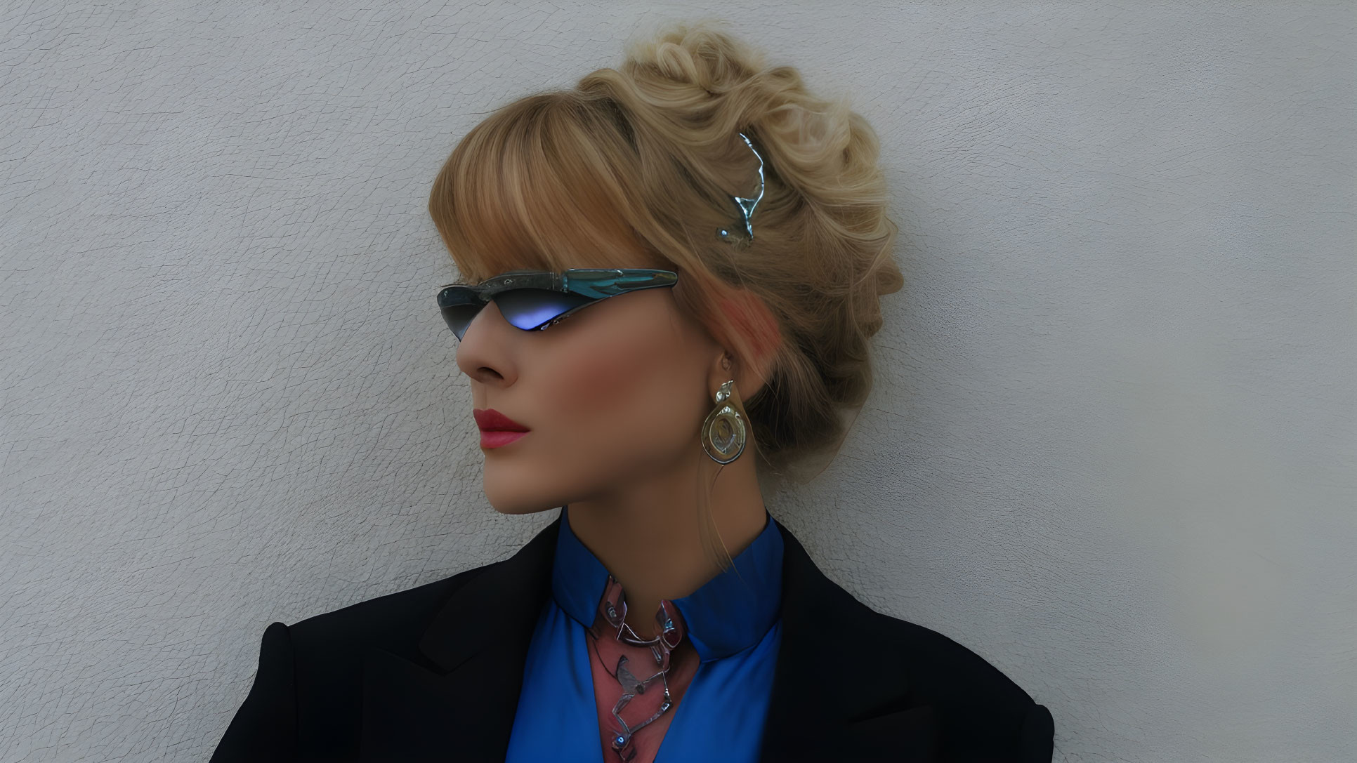 Blonde updo hairstyle and chic outfit with slim sunglasses and multicolored necklaces