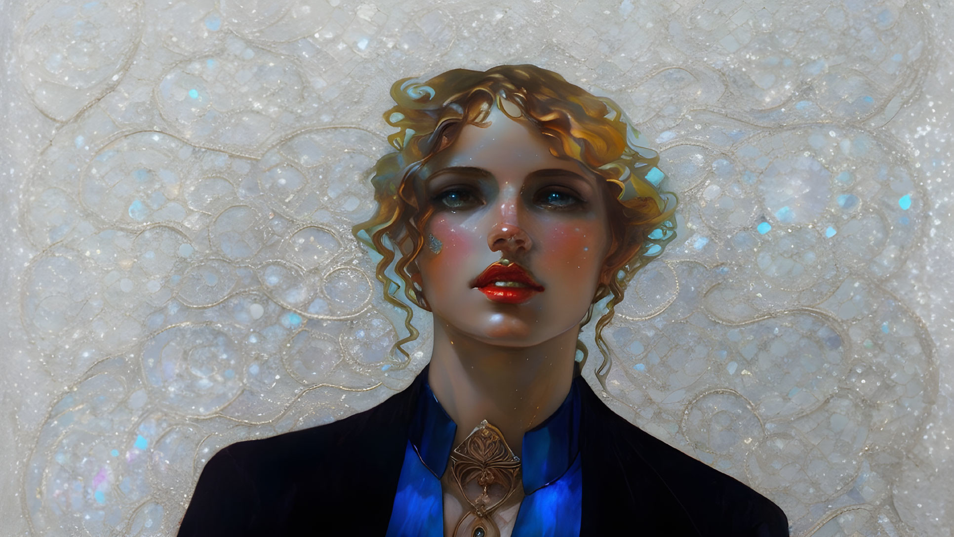 Golden-haired woman with red lips in elegant digital painting