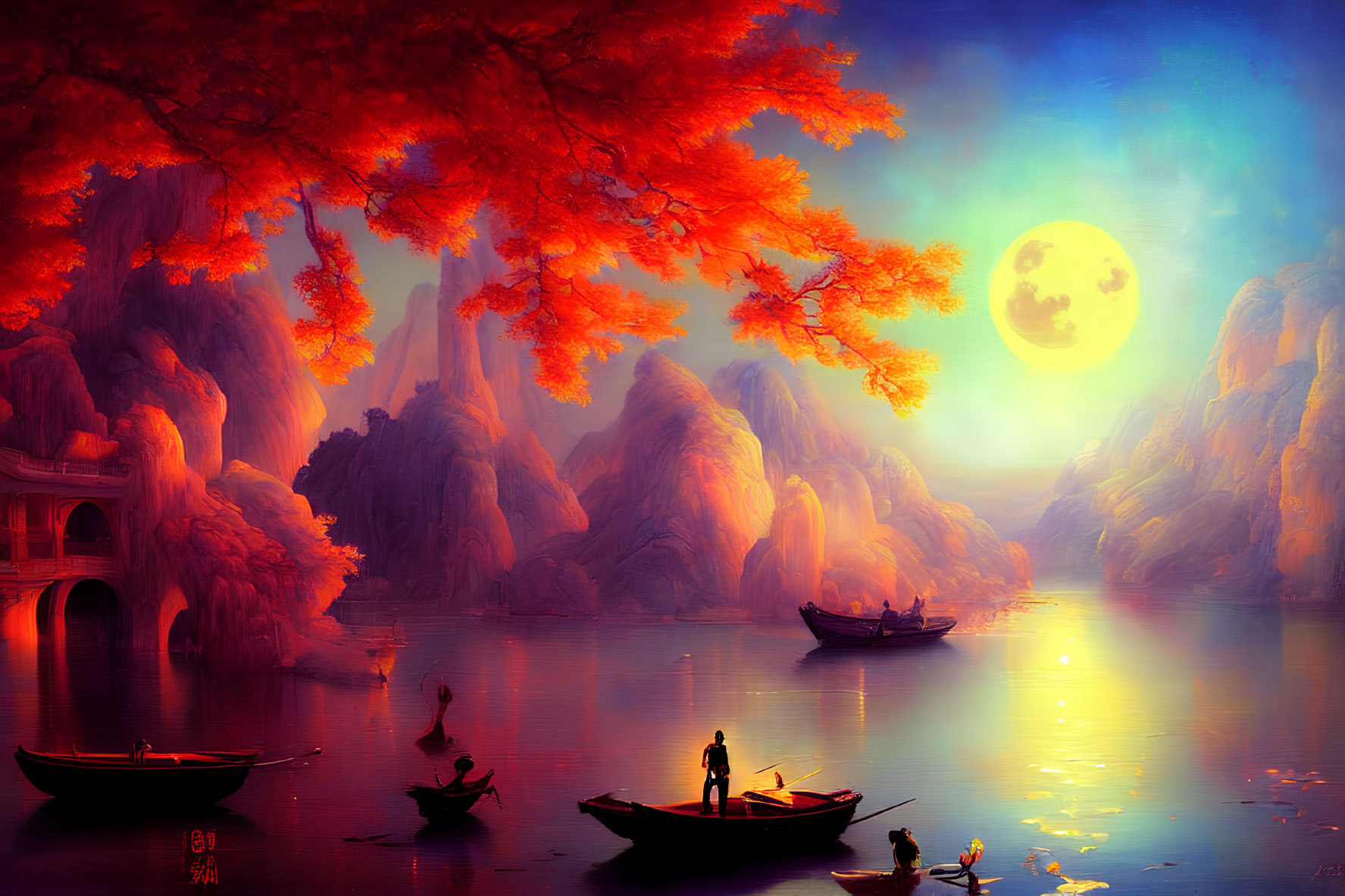 Tranquil landscape with amber sky, full moon, boats, person, mountains, and autumnal