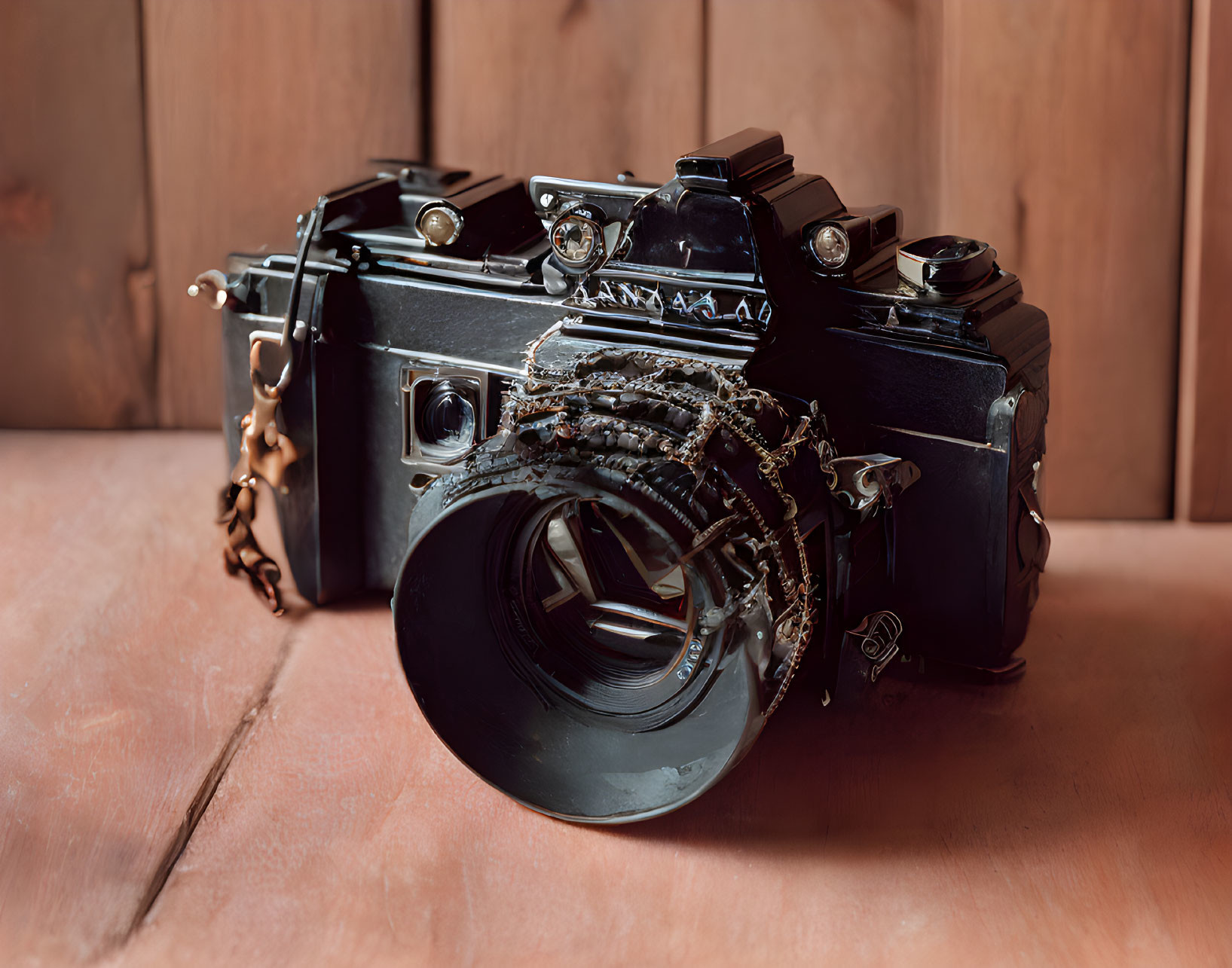 Vintage Camera with Chain on Wooden Surface