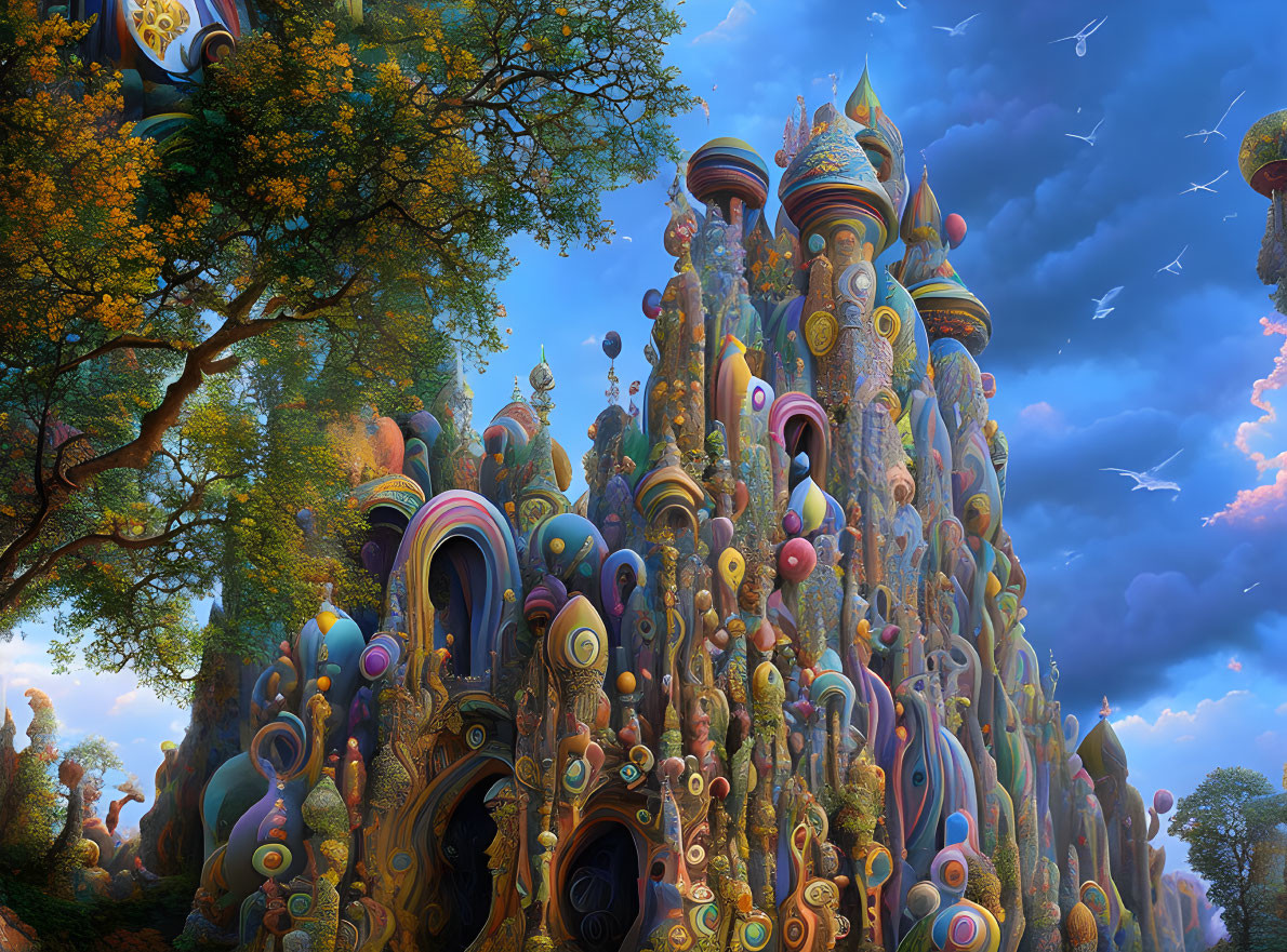 Colorful, organic castle in vibrant forest under blue sky