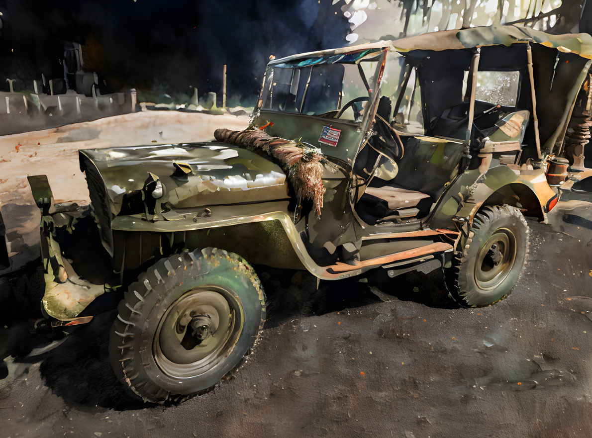 Vintage Military Jeep with Camouflage Paint and US Flag on Display