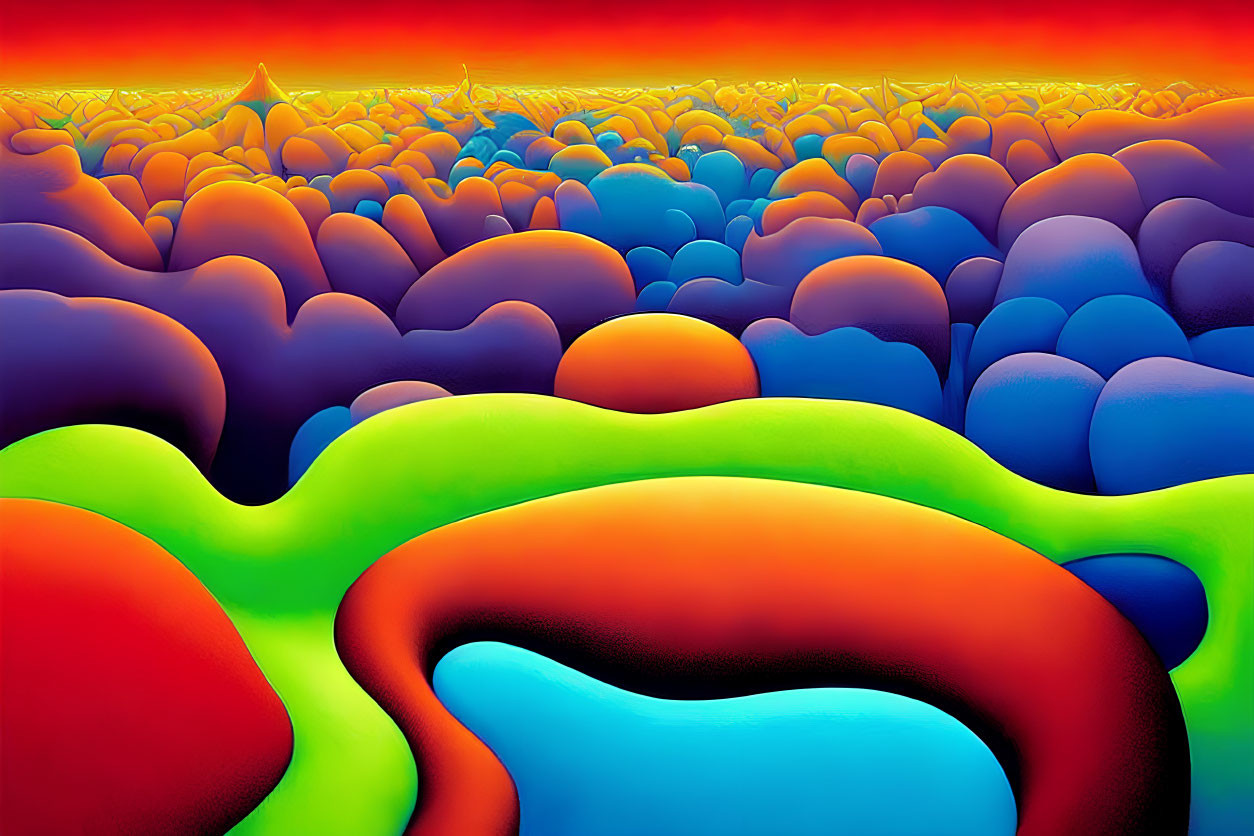 Colorful surreal landscape: multicolored hills under fiery sky