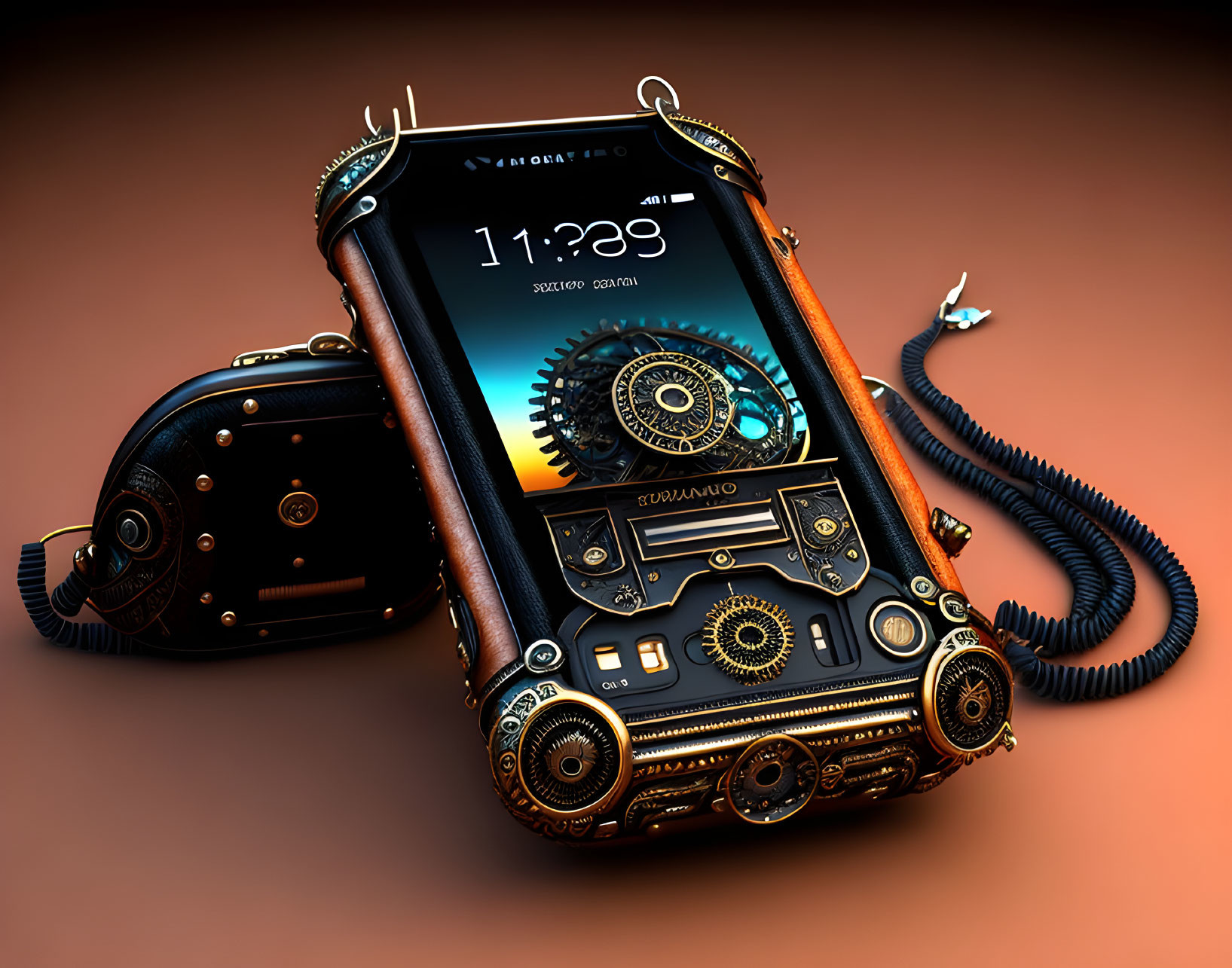 Steampunk-inspired smartphone with brass accents and mechanical earpiece