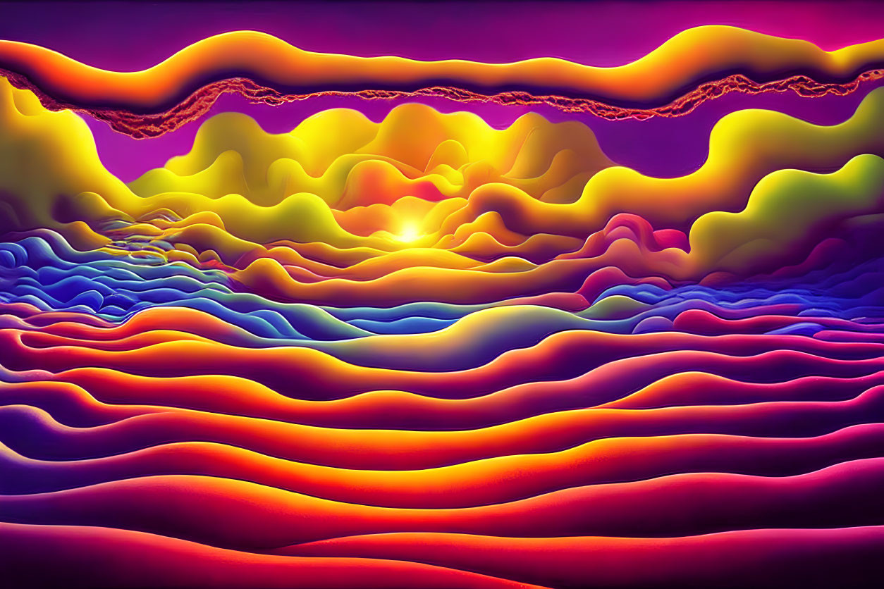 Colorful Psychedelic Landscape with Sun-like Orb and Wavy Patterns