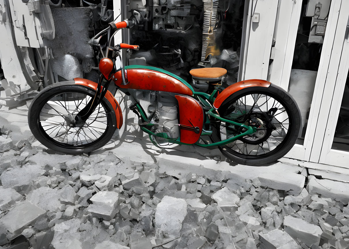 Vintage Red Motorcycle Against Shattered Glass Background