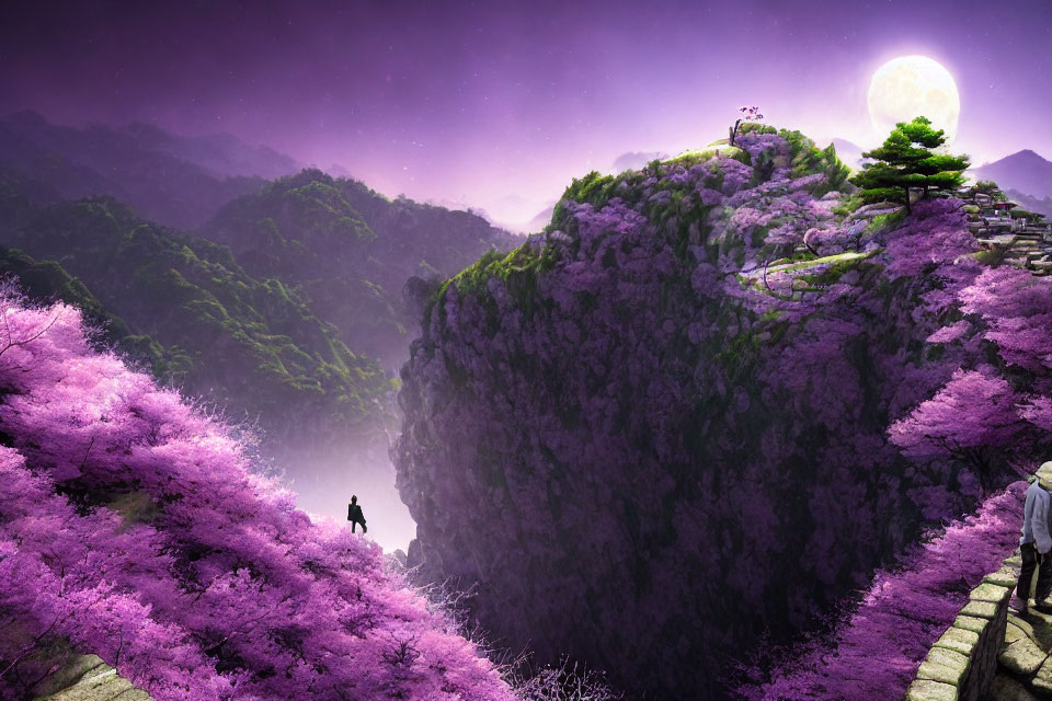 Purple Foliage on Mountain Path Under Full Moon