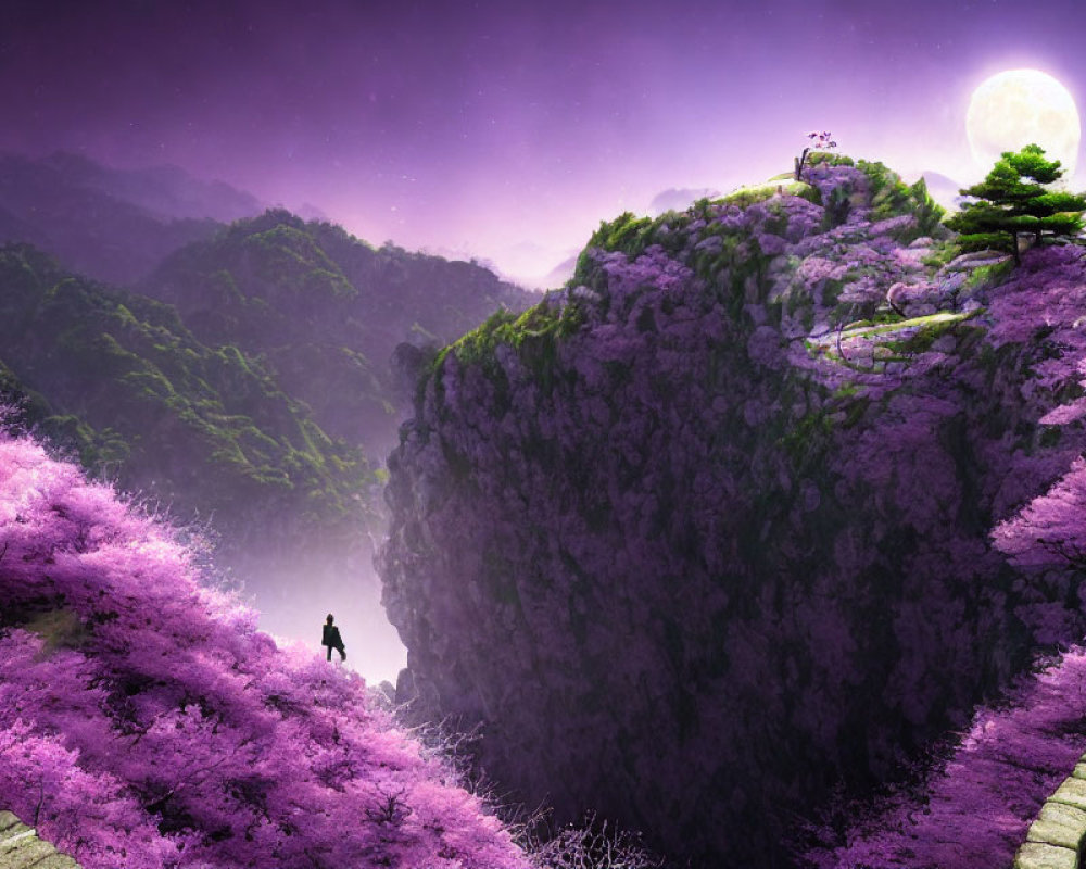 Purple Foliage on Mountain Path Under Full Moon