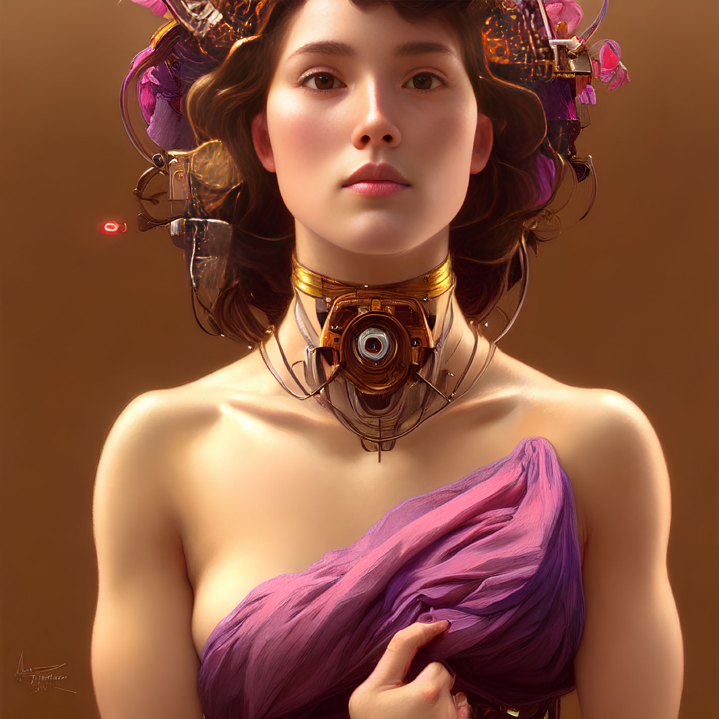 Digital portrait of woman with ornate mechanical collar, headpiece, flowers in hair, holding purple d