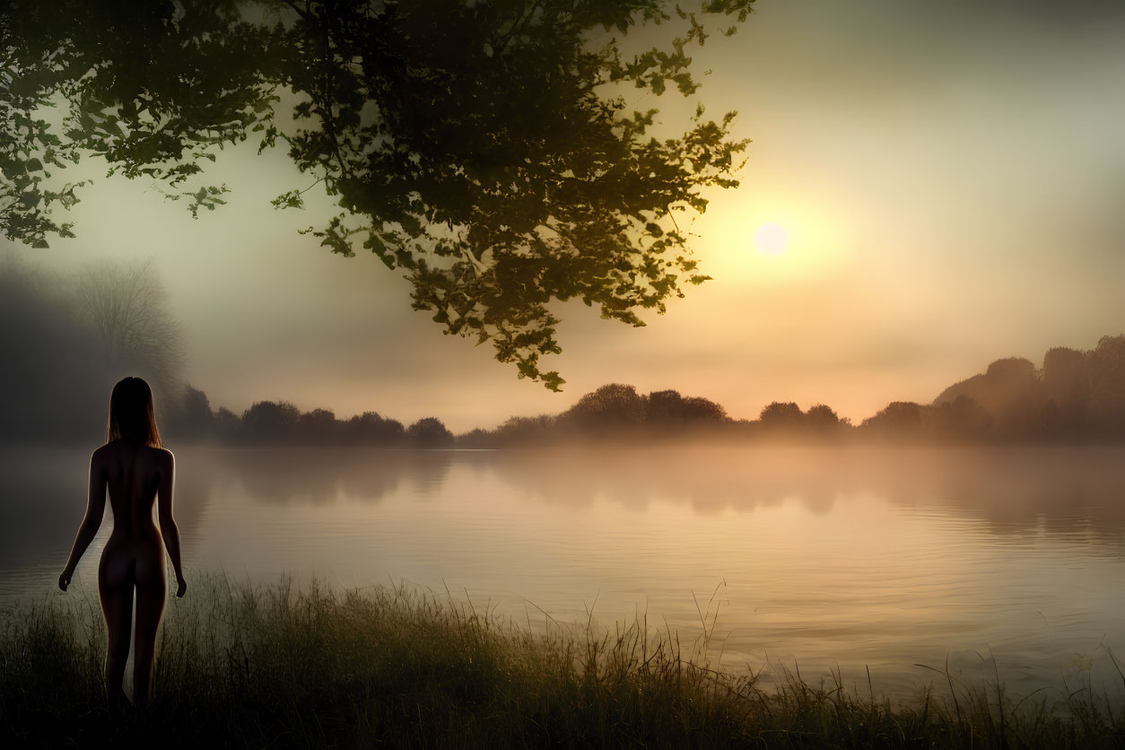 Tranquil sunrise by misty lake with person and trees