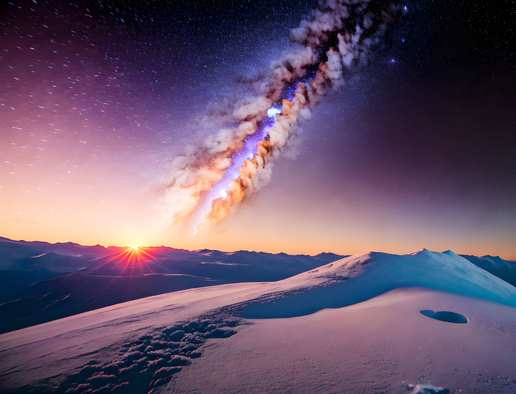 Snow-covered mountain range under starry sky at twilight with Milky Way and setting sun