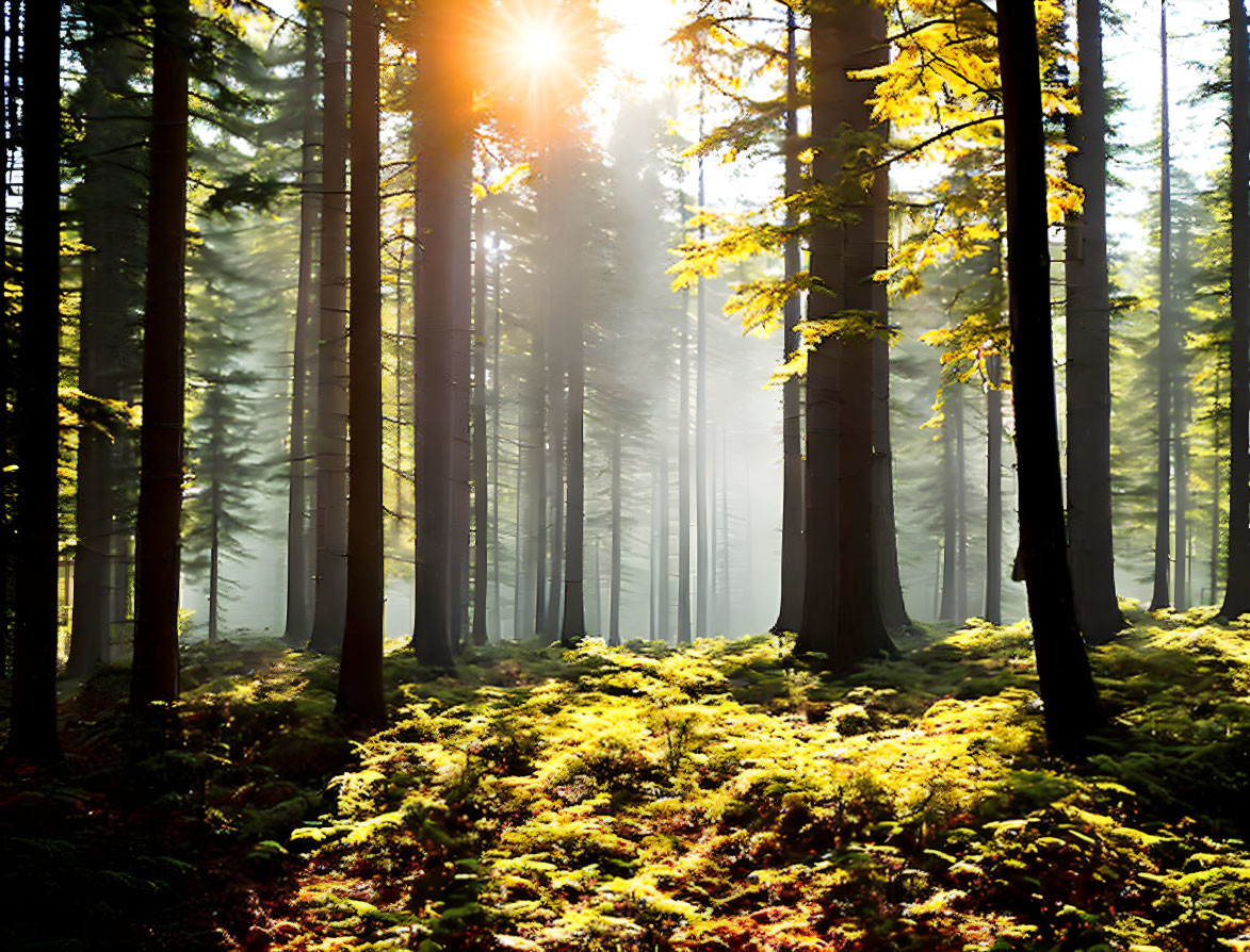 Misty forest scene with sunlight illuminating mossy ground