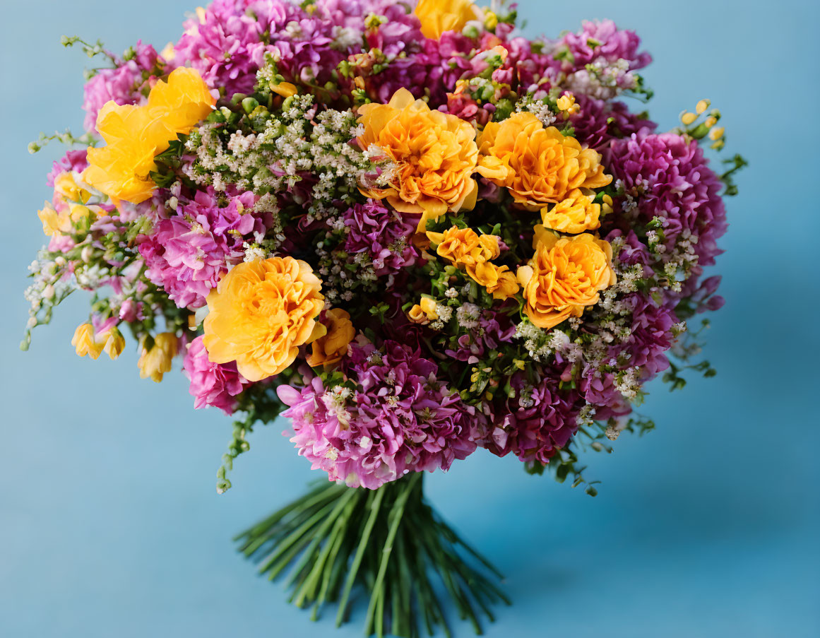 Colorful Yellow Roses and Purple Flowers on Blue Background